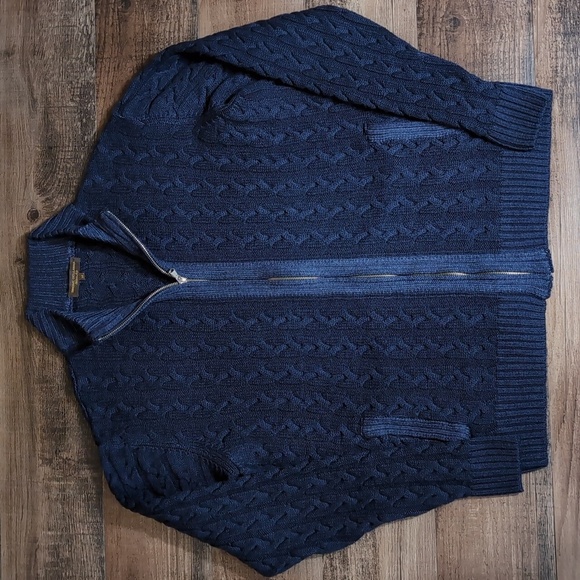 Simone Dellanna 100% Merino Wool Full Zip Cable Knit Sweater Size Medium In Navy - Picture 1 of 9